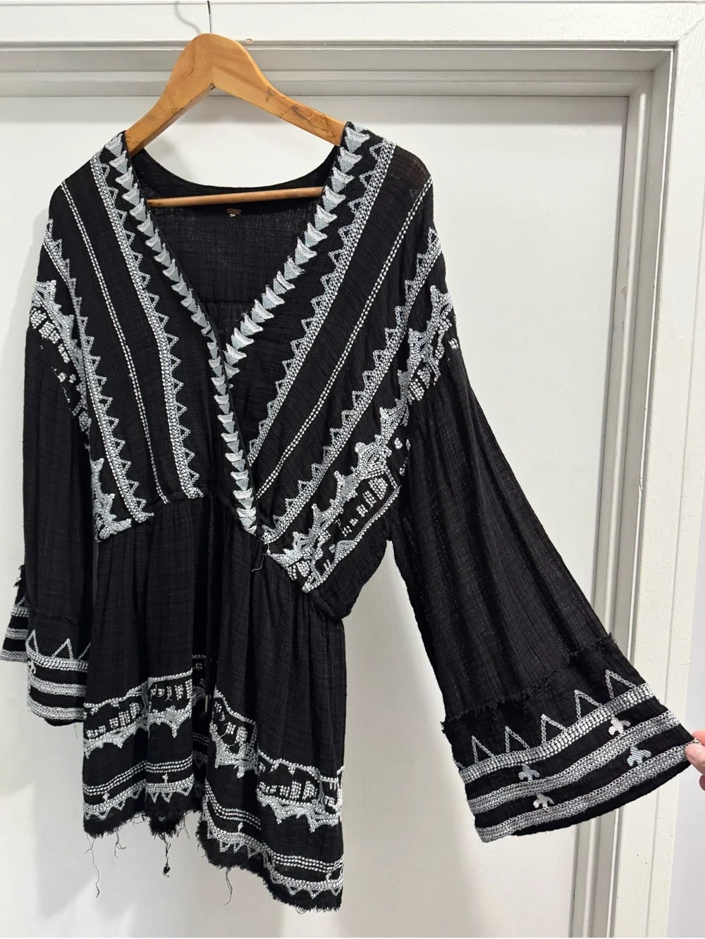 Free People Black Tunic with White and Blue Embroidered Trim